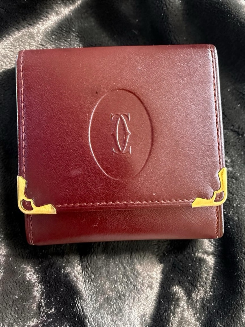 Vintage Cartier Paris Burgundy Leather Coin Purse Wallet Gold Hardware